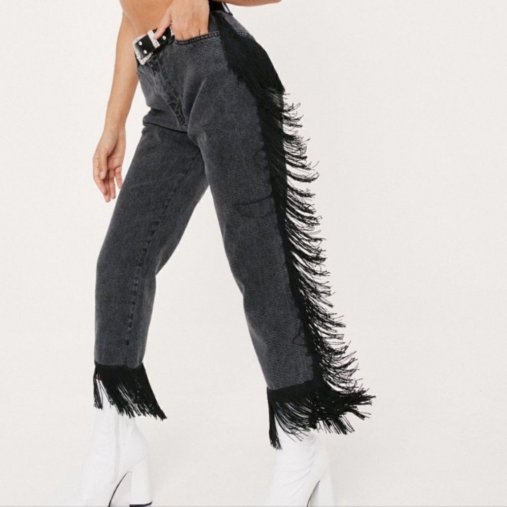 Nasty Gal It’s Only Rock and Roll Fringe High Waisted Jeans Black Size 6 - Picture 2 of 12